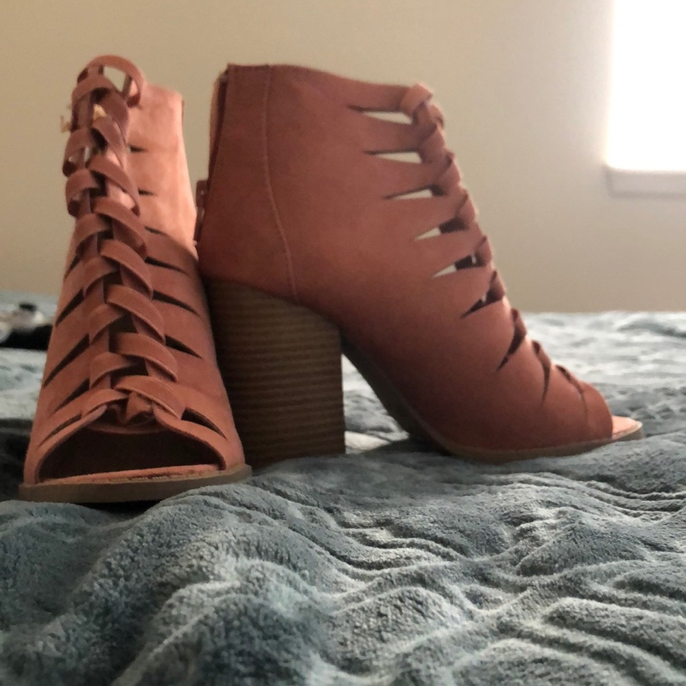 Chunky open toe heels